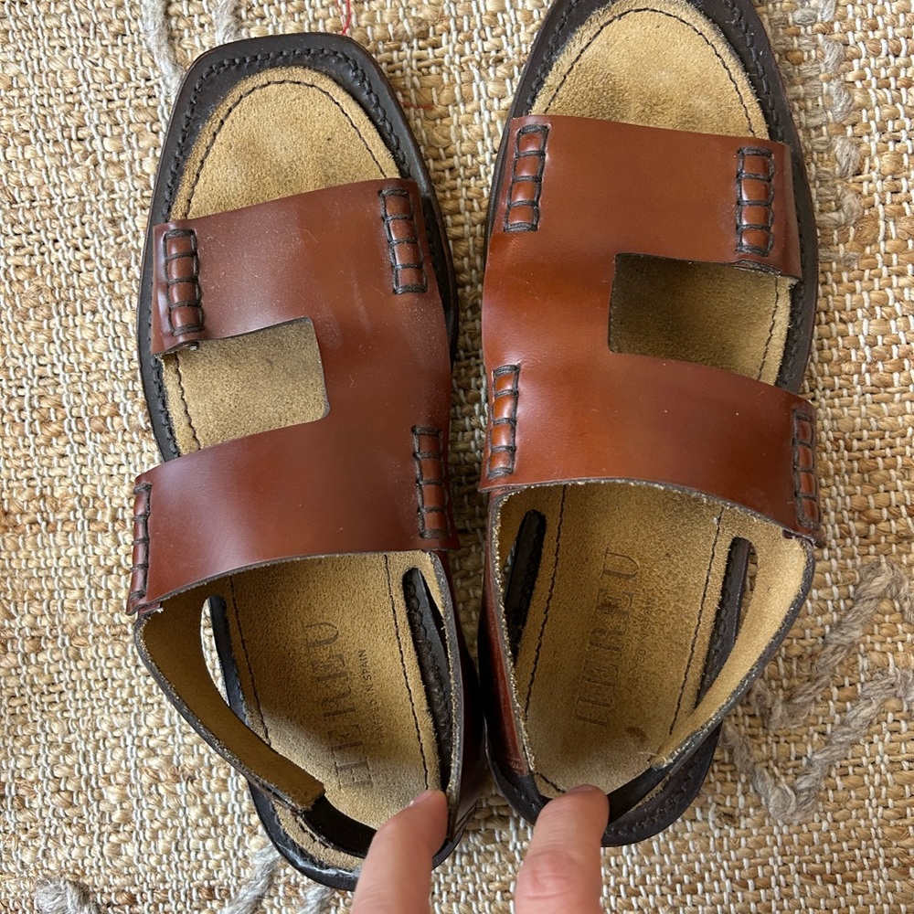 Brown and Tan Leather Sandals with Wide Straps